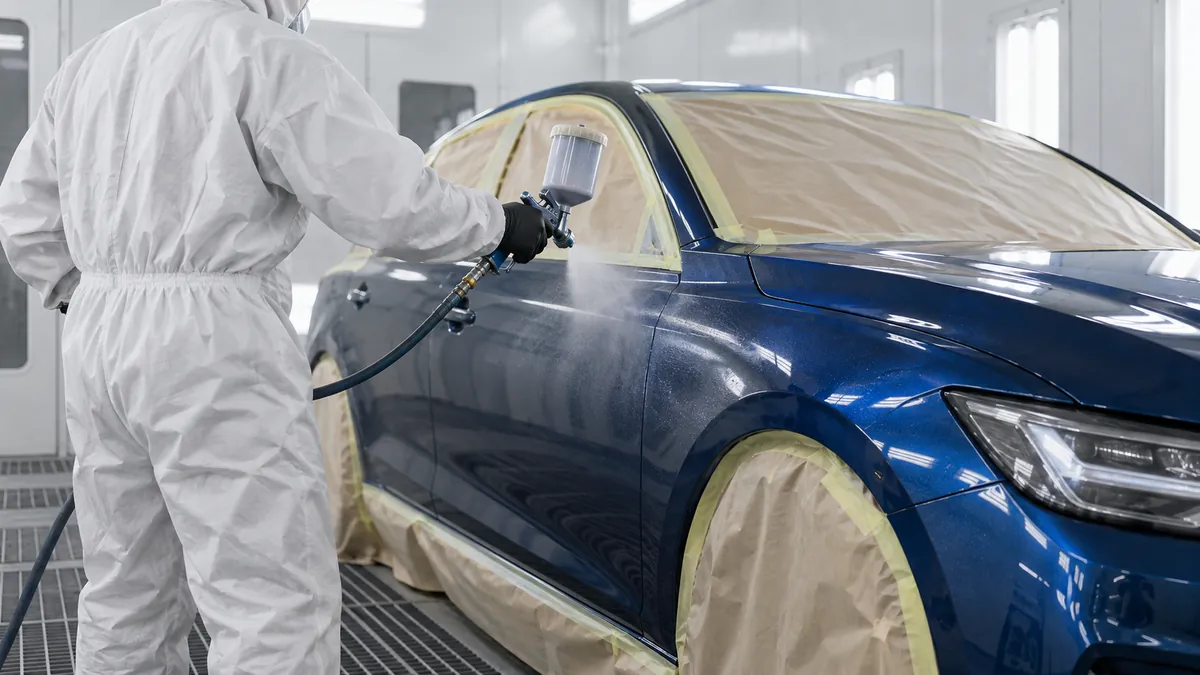 Illustrative photo: a painter applying clear coat to a blue sedan in a paint booth